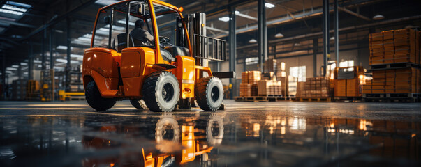 modern forklift, warehouse in the background