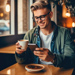 Smiling Man looking at phone at coffee shop, browsing mobile apps, reading news, chatting or shopping online, holding smartphone. Man in casual clothes with cup coffee