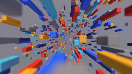 Fototapeta premium Bright colorful blocks flying. Gray background. Abstract illustration, 3d render, close-up.