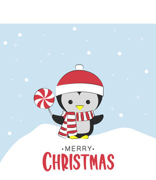 Vector holiday Christmas greeting card with cartoon penguin character and Merry Christmas lettering. Cute baby penguin holding a christmas sweet in his hands and waving.