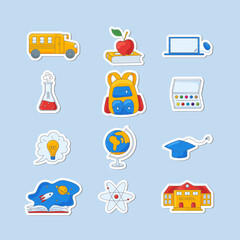 School, studying and education stickers collection. Set of school supplies. Color vector illustration. 