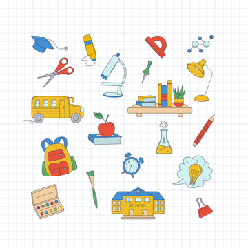 School, studying and education elements. Set of school supplies and stationary. Color vector illustration. 