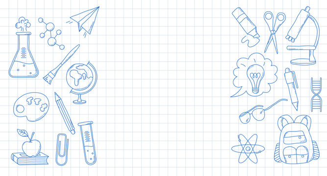 School, studying and education background. Set of school supplies. Line vector illustration in doodle sketch style. 