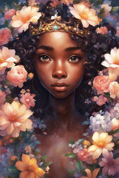 illustrazione con ritratto ptimo piano di giovane ragazza di colore, capelli scuri, cornona sul capo, circondata da fiori multicolori