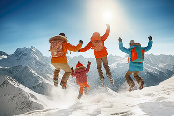 Familie in Wintermode macht auf dem schneebedeckten Berggipfel einen Freudensprung bei Sonnenschein. Familienurlaub im Winter.  - 629558406