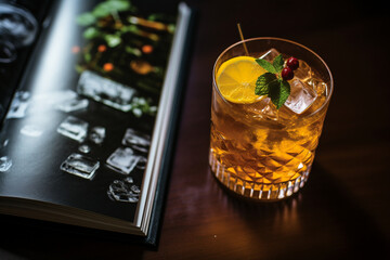 Design from behind a bokeh-laden cocktail recipe book, featuring the bartender's most cherished concoctions, inviting readers to experiment with their own mixology. Generative AI