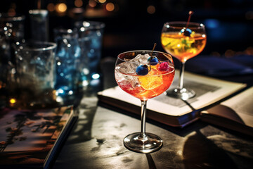 Design from behind a bokeh-laden cocktail recipe book, featuring the bartender's most cherished concoctions, inviting readers to experiment with their own mixology. Generative AI
