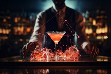 Create from behind a mesmerizing bokeh-inspired animation of a mixology workshop, showcasing the bartender's creative process behind crafting innovative cocktails. Generative AI