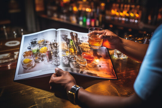 Craft from behind an interactive bartending masterclass brochure, featuring the bartender's expertise and techniques, beautifully complemented by bokeh-laden images. Generative AI