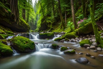 A picturesque spring forest landscape, with a crystal-clear stream flowing through the heart of the mountainous forest