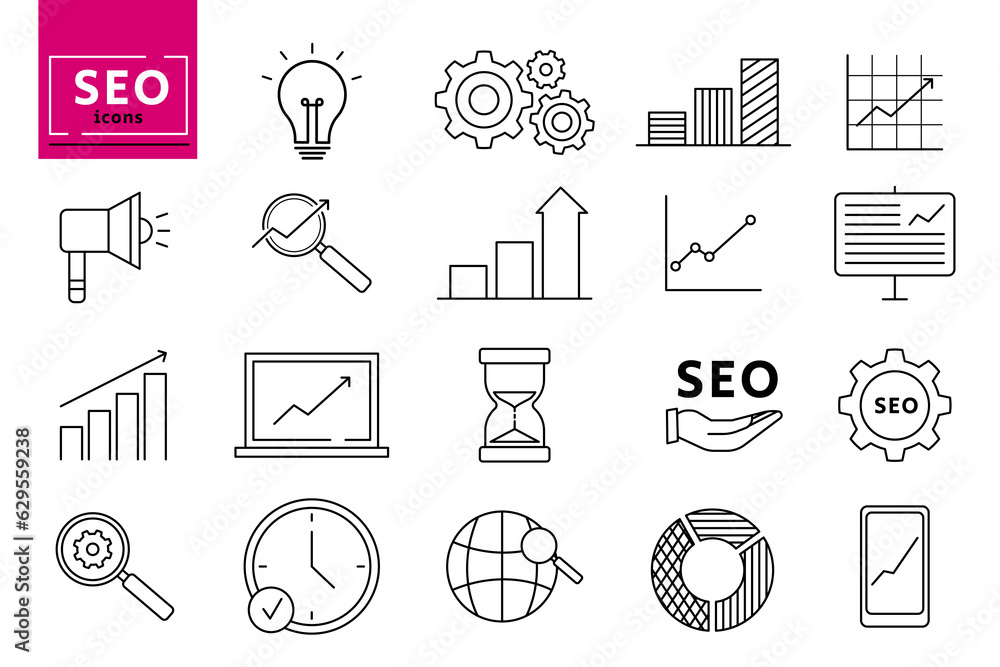 Wall mural internet and seo icons. web development - thin line vector icon set. seo and promotion line icons