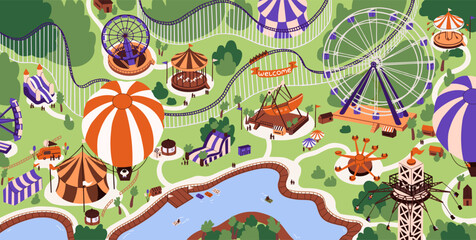 Fototapeta na wymiar Childish amusement park top view. Summer holiday on carnival, attraction. Recreation, leisure on funfair. People ride on air balloon, roller coaster, ferris wheel, carousel. Flat vector illustration