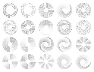 Circle dotted speed lines. Set of black thick halftone dotted speed lines. Round swirl and curves movement spiral symbols. Loading icons
