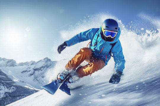 Close-up auf einen Mann mit Skihelm beim Skifahren in rasanter Abfahrt im Sonnenschein. Im Hinergrund schneebedeckte Berge.