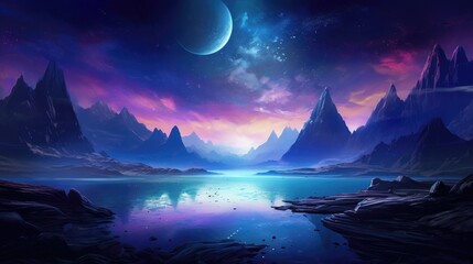 Fototapeta na wymiar Alien Planet - Fantasy space Landscape. Surreal Cosmic background. Digital art. AI illustration..
