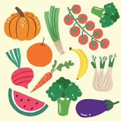 Collection of Vegetables and Fruits Hand Drawn Illustation Elements 