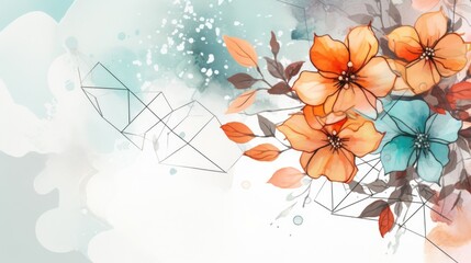 Abstract floral autumn design in orange colors. Watercolor hand-painted natural art perfect for design decorative in the autumn festival, header, banner, web, wall decoration, cards. AI illustration.