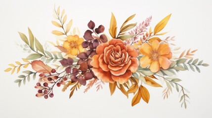 Trendy watercolor autumn flowers wedding bouquet. Beautiful fall floral background. Warm beige, orange, red, burgundy, gold, brown, rust. AI illustration.