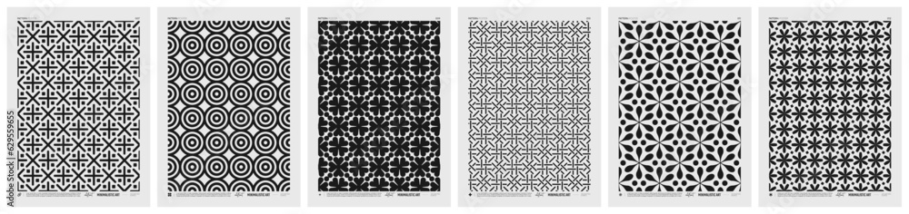 Aufkleber abstract vector minimalistic posters with geometric pattern, black and white rhythmic repeating text