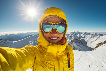 Frau in gelber Winterjacke und Skibrille macht ein Selfie mit schneebedeckten Bergen im Hintergrund im Sonnenschein - obrazy, fototapety, plakaty