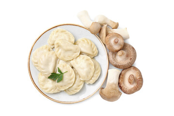 Delicious dumplings (varenyky) with mushrooms and parsley isolated on white, top view