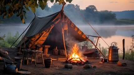Tourists set up a camping camp on the bank of the river. Resting on the lake by the campfire.