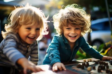 Two children or siblings playing in the garden - theme childhood, family, joy - Generative AI