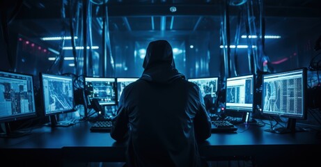 image of an anonymous hacker operating under the blue glow of several monitors, breaking into a secure network