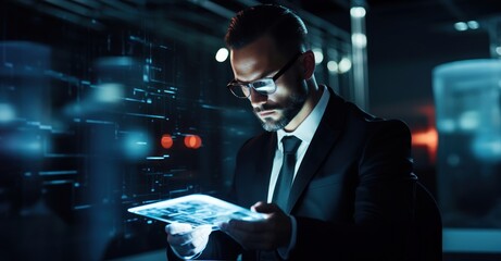 Cyber forensic expert examining data on a digital tablet