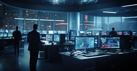 A cybersecurity team working in a hi-tech control room