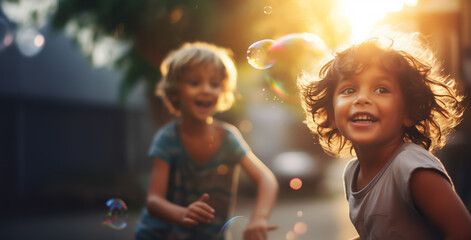 Two children play happily and exuberantly outdoors with soap bubbles in evening atmosphere - Childhood, Play and Family Theme - Generative AI