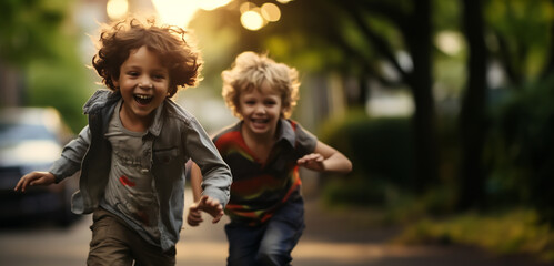 Children play happily and exuberantly on the street in the neighborhood - theme childhood, joy, play - Generative AI