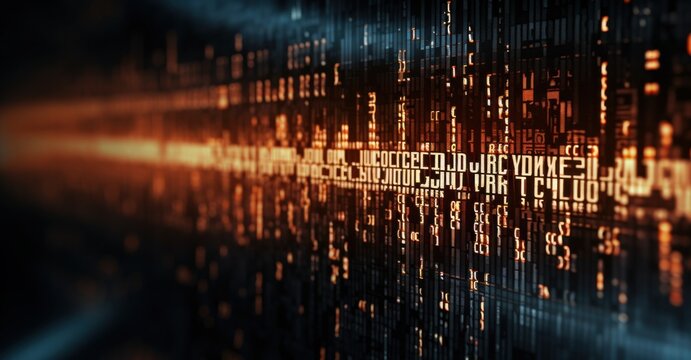 Image of a single line of orange code running across a dark background, representing encrypted data