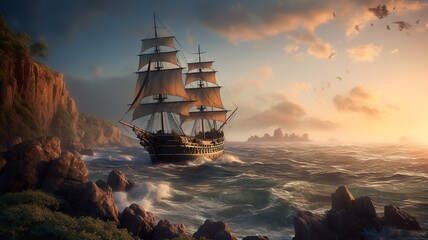 a wonderful landscape with a ship