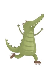 Crocodile. illustration of a paddle, green crocodile on roller skates