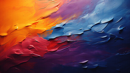 Abstract art painting with textured splashes of bright colors.  Rough brush strokes of oil or acrylic paint, background 16:9