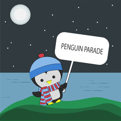 Cute penguin cartoon character standing on the shore and holding a sign with Penguin Parade. Penguin parade, Melbourne, Australia. Tourism spot in Australia. Cute baby penguin wearing a warm clothes.