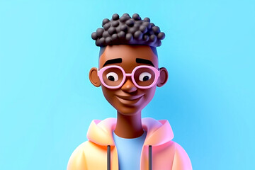 Cartoon virtual avatar of black afro american guy with glasses with curly hairstyle in a hoodie