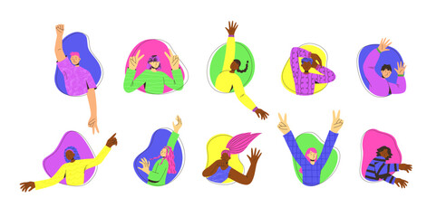 Fototapeta premium Vector set of young people on colorful background. Trendy flat style. Funny character. Dynamic pose. Student in school or university. International day of young people