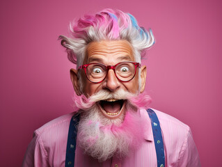 Excited crazy stylish grandfather with open mouth listening to good news, amazed, wearing shirt, suspenders, isolated on pink