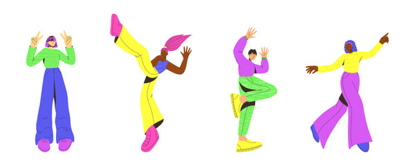 Vector set of young people. Trendy colorful flat style. Vector illustration. Funny character. Dynamic pose. Student in school or university. International day of young people