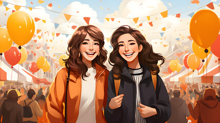 young women smiling at the festival background illustration Generative AI