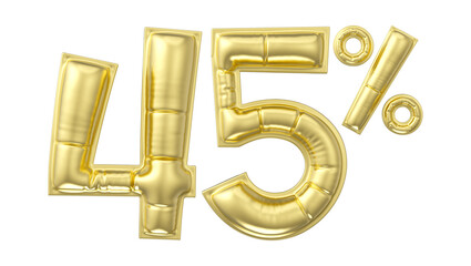 45 percent discount. Gold glossy balloon in the shape of a number. 3D rendering