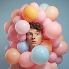 Fototapeta na wymiar Creative colorful party concept of a young guy in a bunch of balloons with helium on his head. Beautiful colorful balls as a symbol of fun and love. Generative AI.