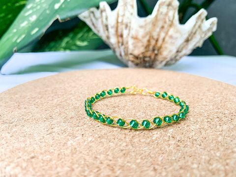 Handmade wire copper bracelet with green beads. Wire wrapped accessories.