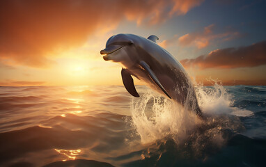 Dolphin jumping out of the water at sunset. 
