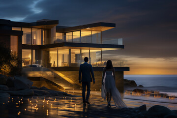 Happy young couple standing in front of new home - Husband and wife buying new house. 