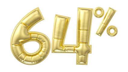 64 percent discount. Gold glossy balloon in the shape of a number. 3D rendering