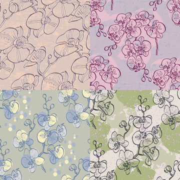 Vintage luxury seamless floral background with camelia and orchid flowers. Romantic pattern template for wall decor, wallpaper, wedding invitations, ceremonies, cards.