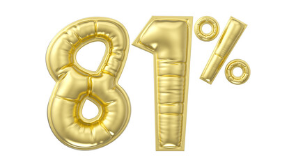 81 percent discount. Gold glossy balloon in the shape of a number. 3D rendering